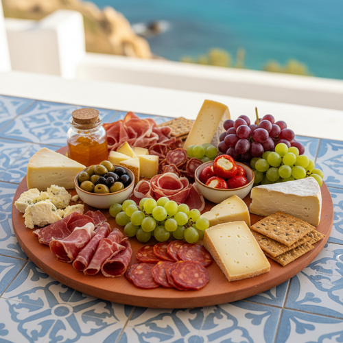 Algarve Charcuterie & Cheese Board with Green and Purple Grapes